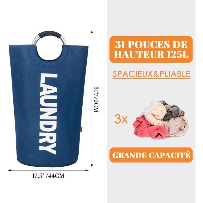 Panier à linge pliable 125 L bleu marine - 44×44×80 cm, cadre aluminium, poignées rembourrées