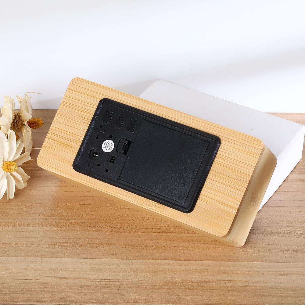 Popular, Japanese-style real bamboo LED clock, multi-functional digital dual-display wooden electronic clock, voice-activated digital gift noise