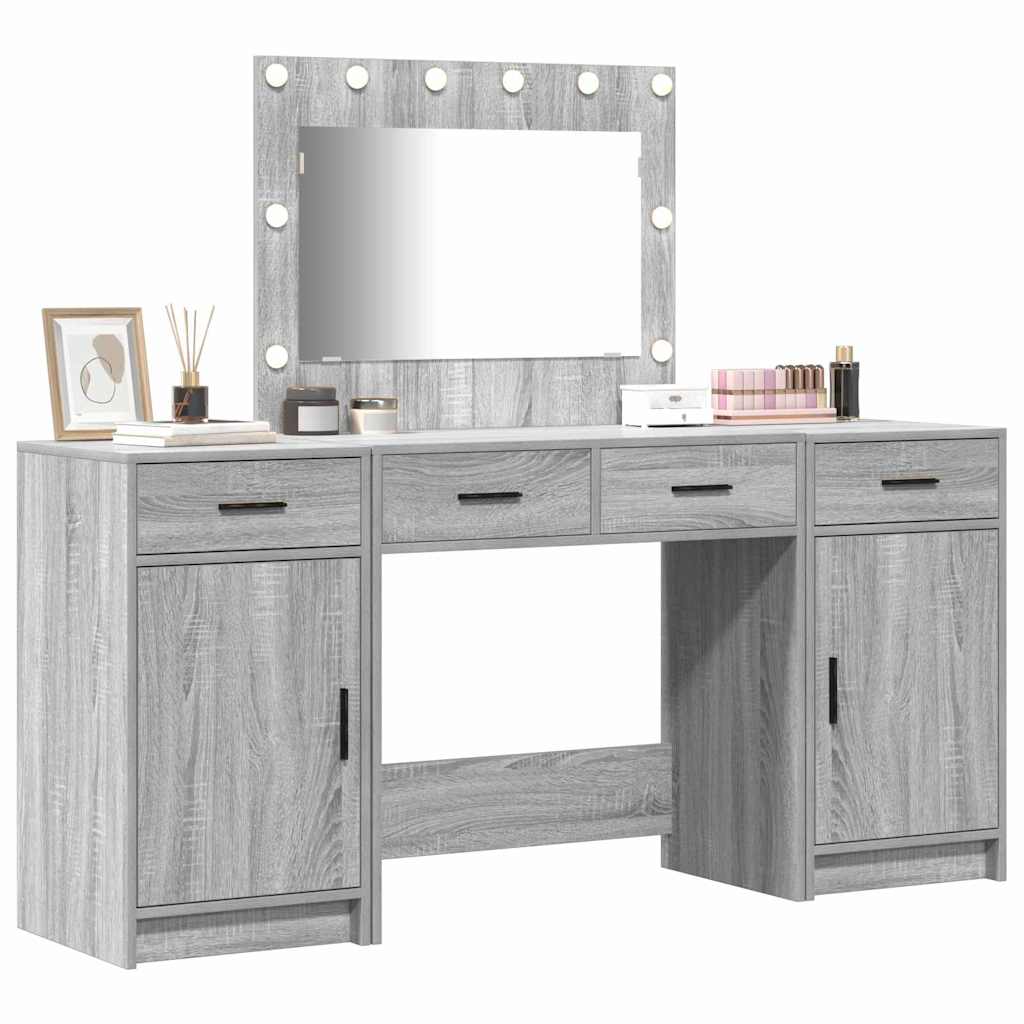 Makeup Table with Mirror Lighting 3 pcs Grey Particleboard