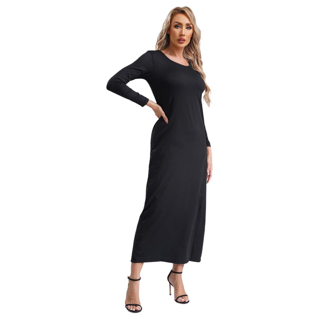 Damen Unifarbene Islamische Arabische Kleider Rundhalsausschnitt Langarm Muslimische Gebets-Langgewänder Locker Basic-Kleid für Freizeitkleidung