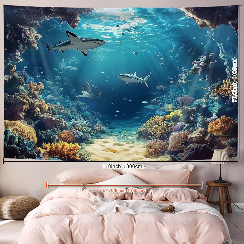 Underwater Ocean Wall Tapestry Shark Coral Reef Art Print Nature Decor For Bedroom Living Room Marine Theme Home Interior