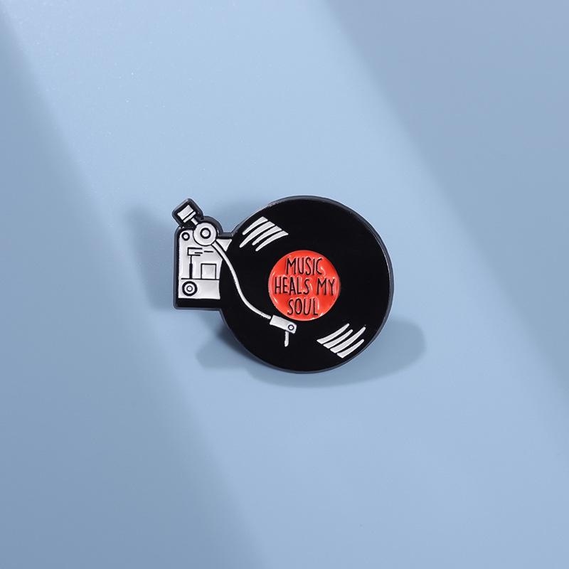Black Vinyl Cassette Tape Geometric Brooch - Round Music Lapel Pin