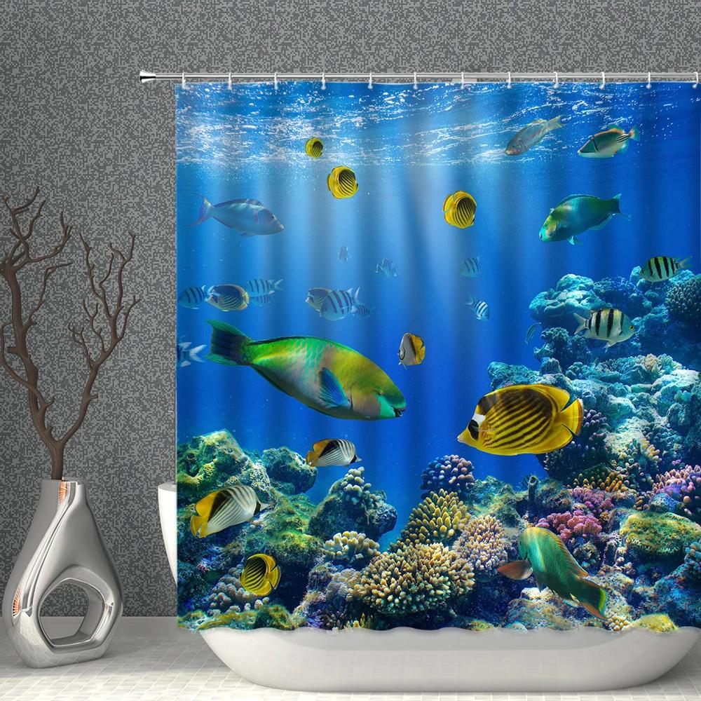 Marine Animal Underwater World Shower Curtain Waterproof Polyester Fabric Whale Dolphin Background Home Decoration With Hooks