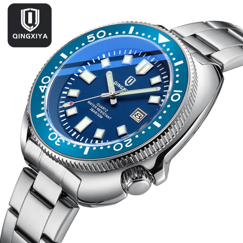 Qingxiya Men's Luminous Quartz Watch - Waterproof Stainless Steel Strap with Calendar
