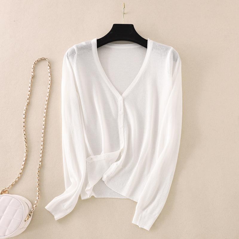 Eis Seide Dünn Gestrickt Damen Cardigan Frühling Sommer Koreanischer Stil V-Ausschnitt Locker Alles Passend Einreihig Sonnenschutz Oberbekleidung