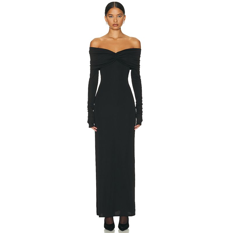 Street Sexy Twisted off-Shoulder Classic Dress Slim Fit Long Sleeves Fashion All-Match Pure Color Base Dress