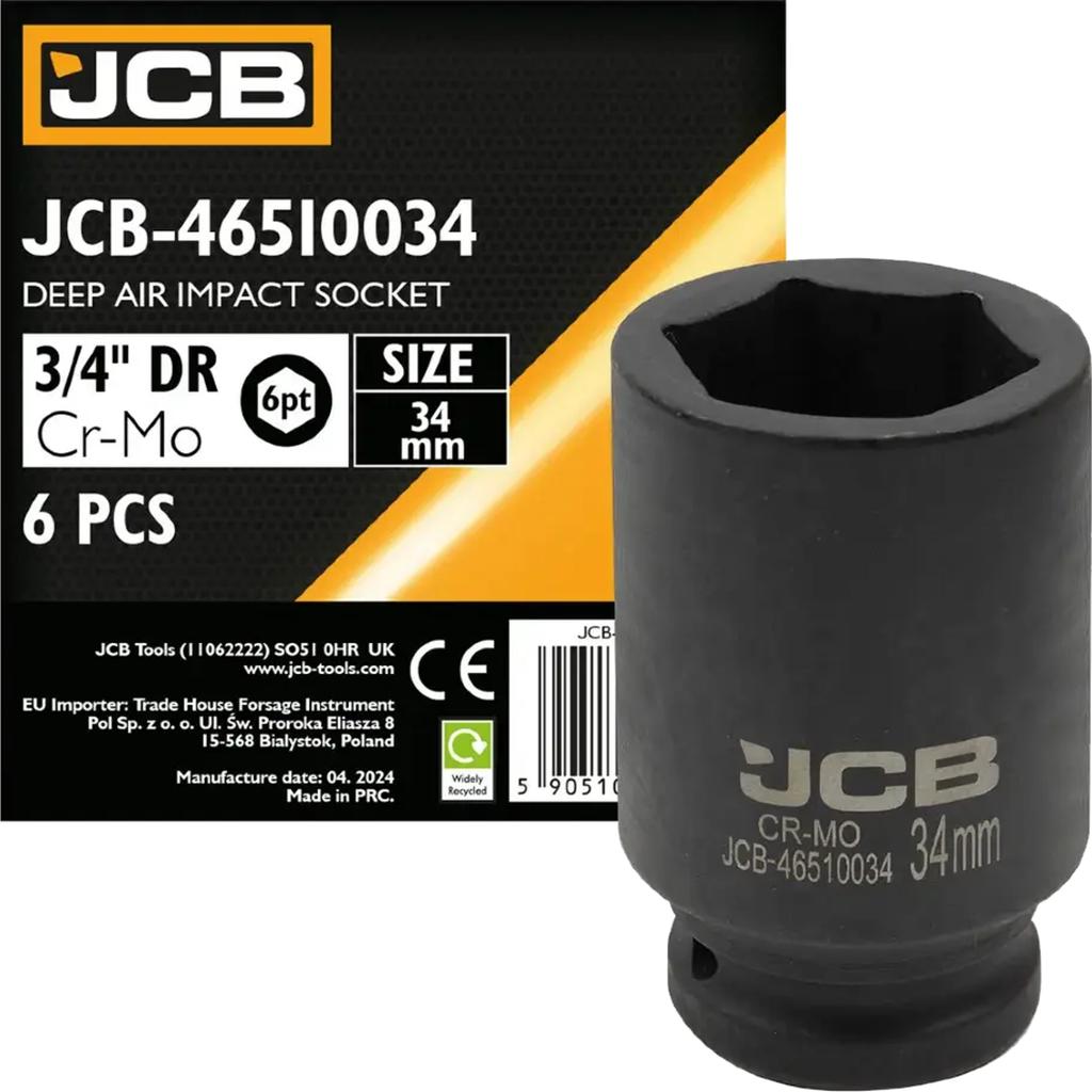 JCB 3/4" Cr-Mo Deep Impact Socket 6-Point 34mm Socket Wrench