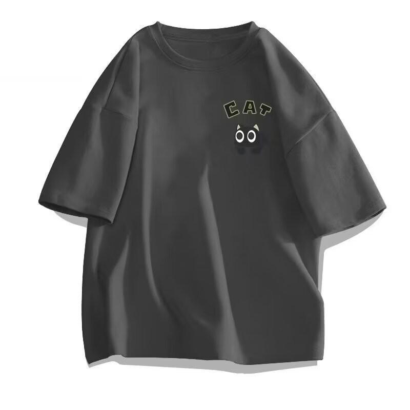 Unisexs Casual Oversized Tshirts Cute Black Cat Print Short Sleeve Tees Summer Loose Streetwear Basic Tops