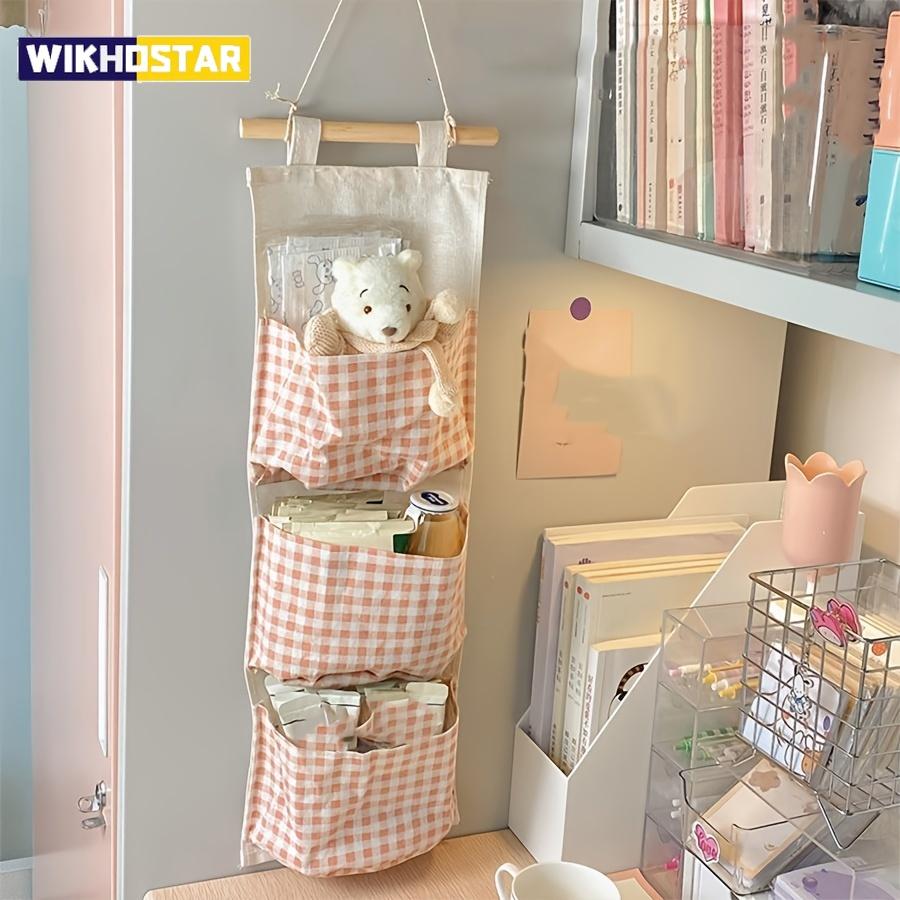 Pink Storage Bag Rack Canvas Wall Mounted Bedroom Storage Bag Multifunctional for Books, Jewelry, and Miscellaneous Items,