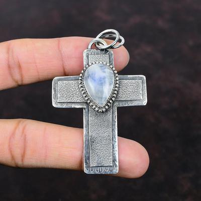 Rainbow Moonstone Pendant Genuine Gemstone Pendant Fashion Jewelry 925 Sterling Silver Pendant Cross Pendant Handmade Jewelry Gift For Wife