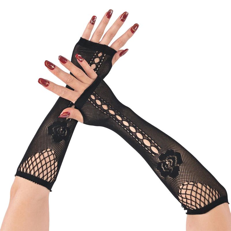 Black Sexy Hollow Out Arm Sleeves Punk Mesh Breathable Long Girl Hand Sleeves Decoration Cosplay Performance Gloves