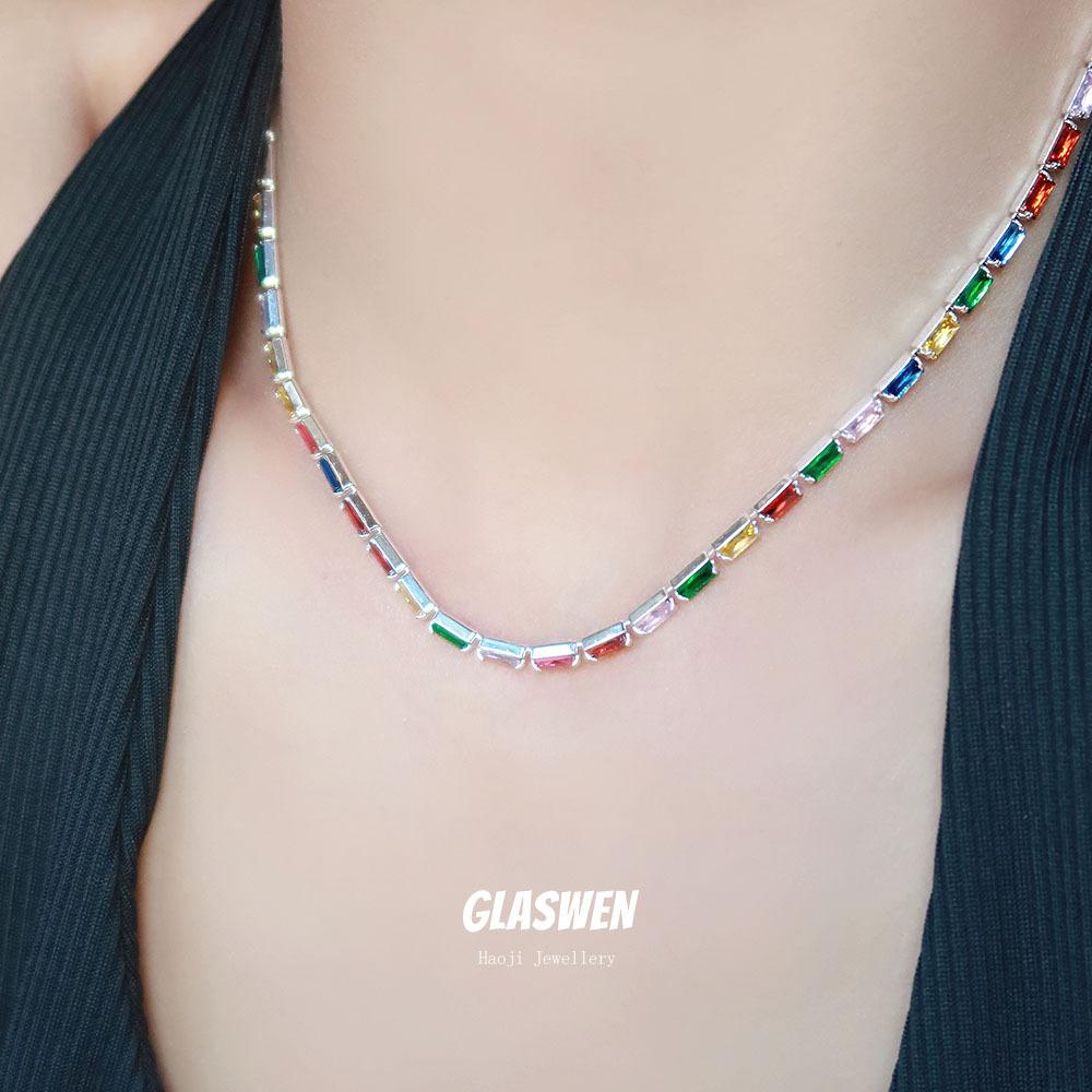 Cold Wind Color Zircon High-End Full Diamond Simple Necklace Women'S Collarbone Chain Trend Light Luxury Jewelry Neck Chain