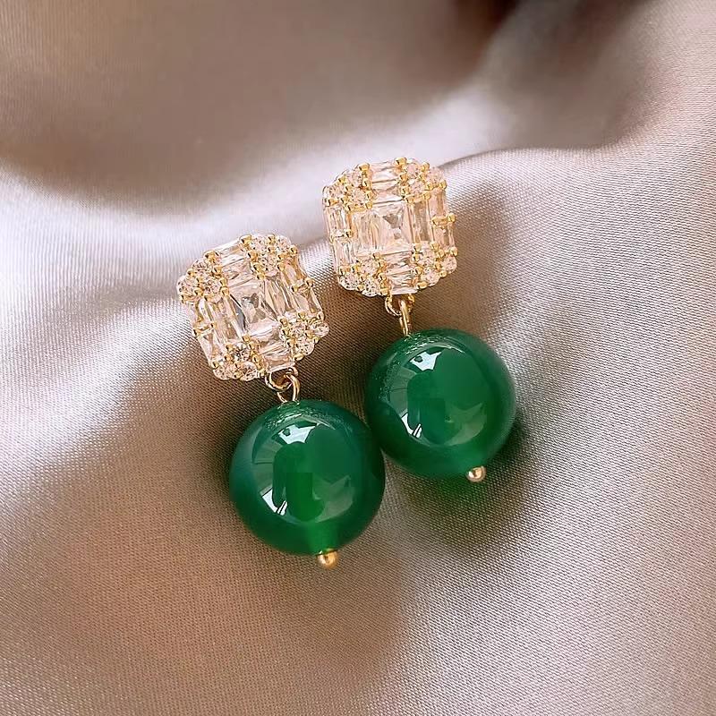 New Arrival Elegant Green Chalcedony Square CZ Zircon  Silver Needle Ladies Tassels Stud Earrings  For Women Gifts