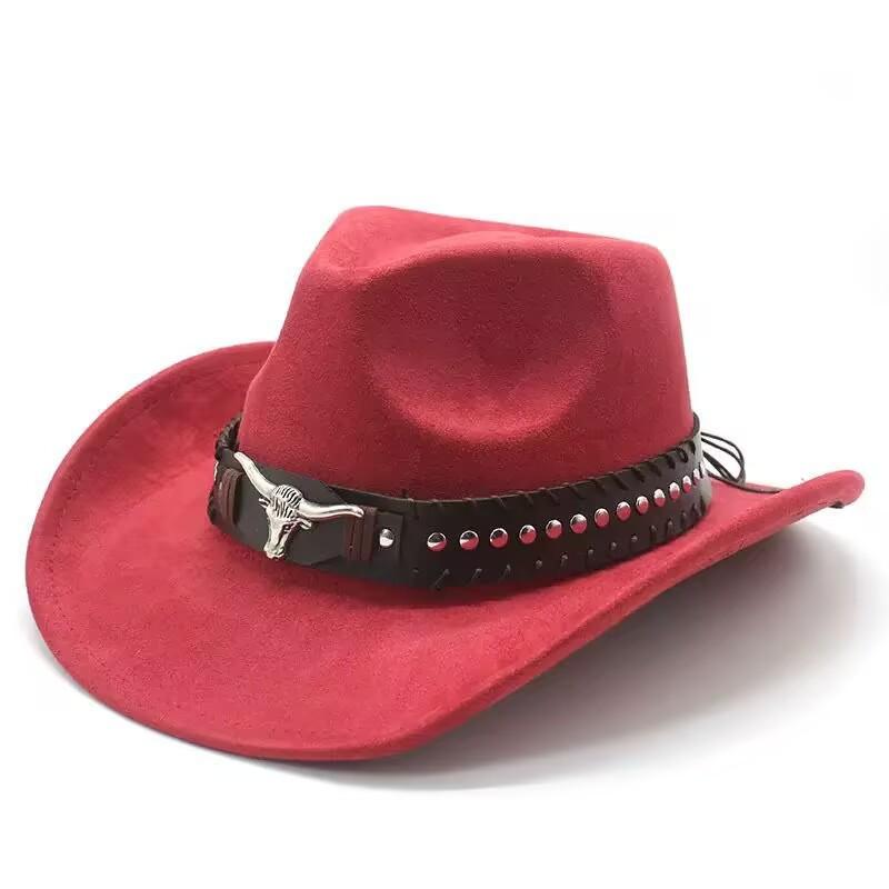 Bull Head Belt Rivet Jazz Hat Men's and Women's Spring and Autumn Outdoor Travel Sunshade Top Hat Big Edge Suede Western Cowboy Hat