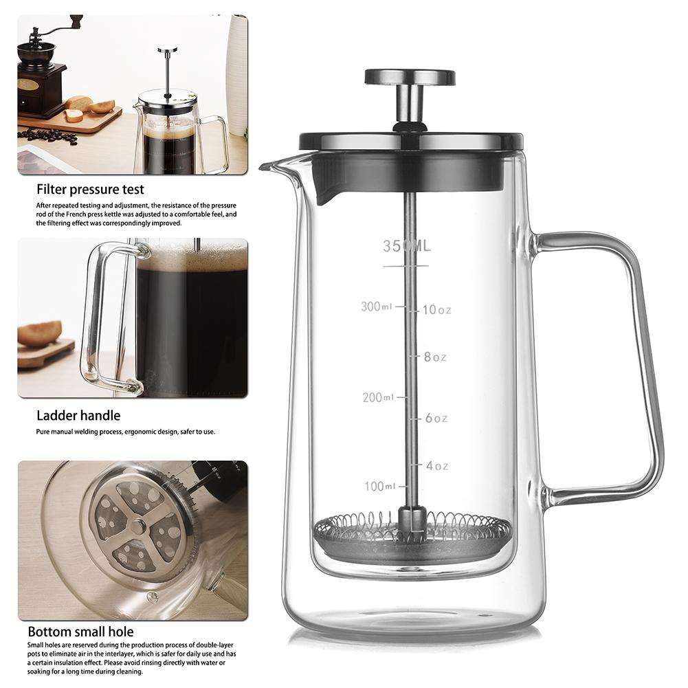 Double Wall French Press Pot Transparent Glass Tea Coffee Brewer Pot For Home/Office