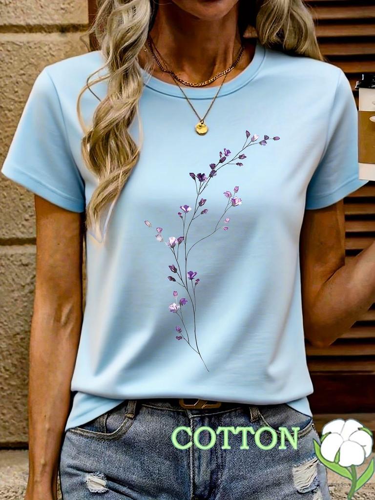 2026 Colorful Floral Round Neck Short Sleeve Casual Pure Cotton T-shirt