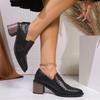 Fashion Women's Elegant Chunky Heels Pumps Fashion Solid Color Lattice Patent Leather Shoes Women Black Pointed Toe High Heeled Loafers