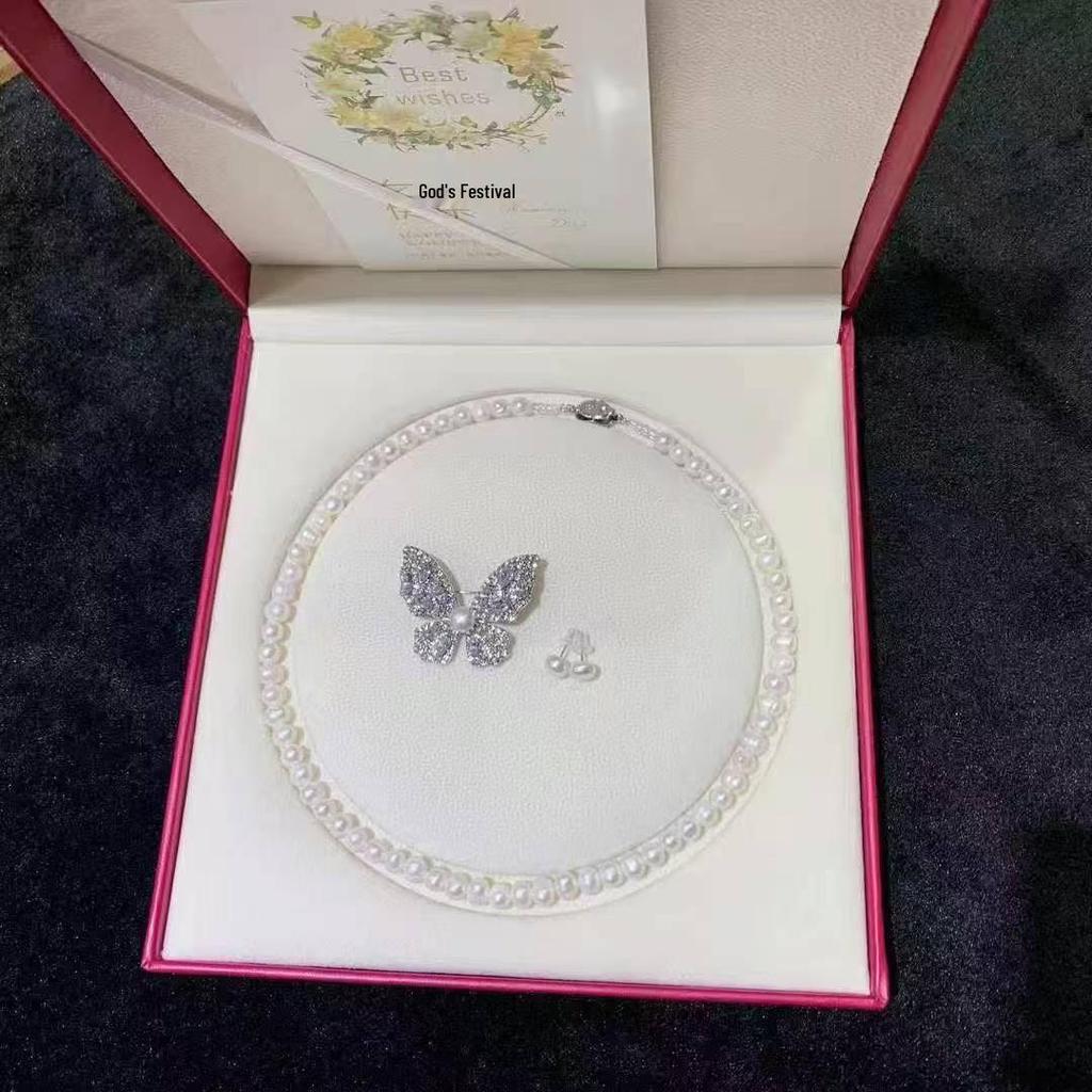 Mother's Day Pearl Jewelry Set: Necklace, Bracelet, & Butterfly Brooch for Mom