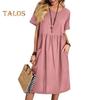 Women's Cotton Linen Summer Dress Round Neck Short Sleeve Midi Dress Loose Casual Beach Vacation Flowy Dress with Pockets