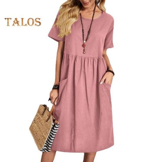 Women's Cotton Linen Summer Dress Round Neck Short Sleeve Midi Dress Loose Casual Beach Vacation Flowy Dress with Pockets