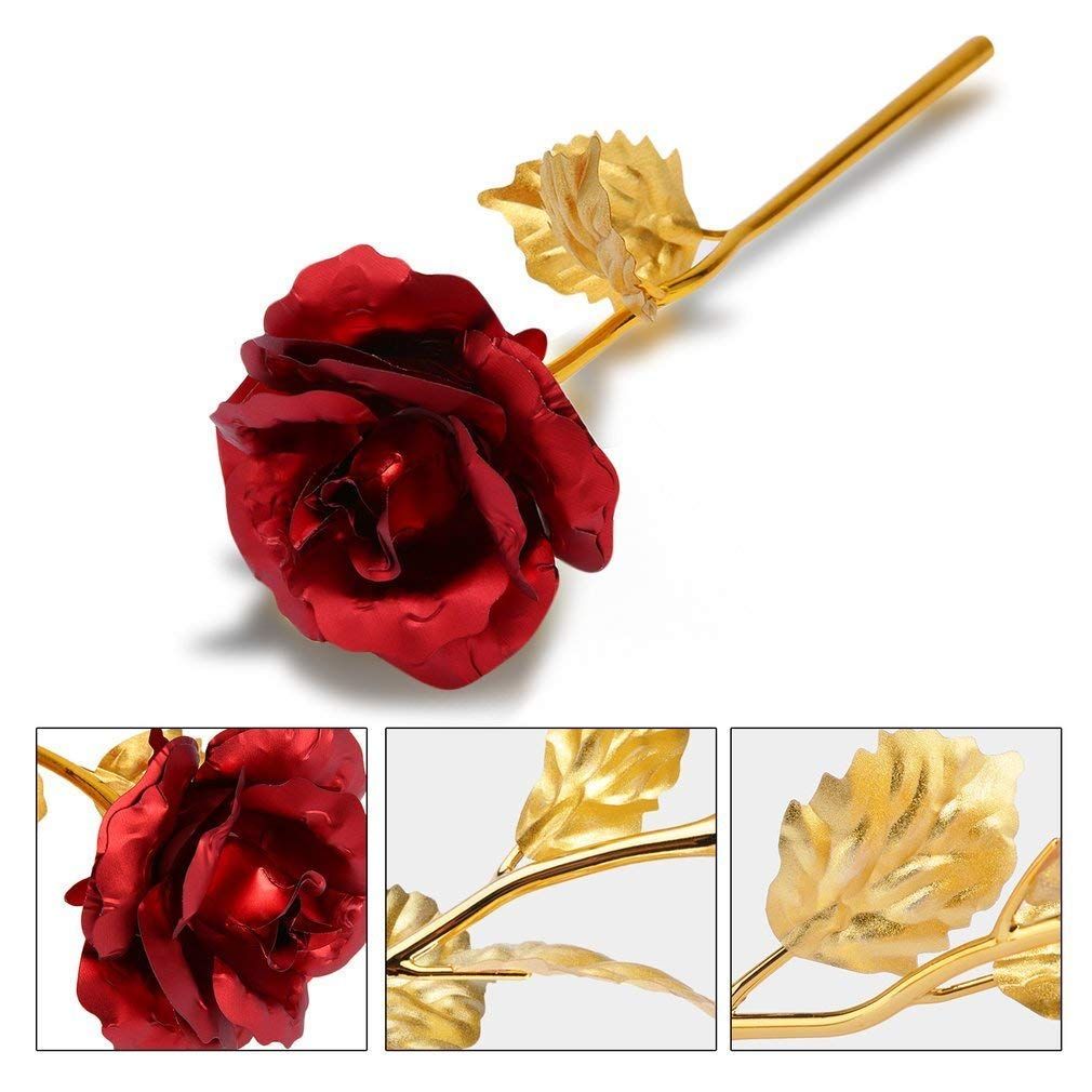 GIFT Red Rose Flower with Golden Leaf with Love Shape Stand and Luxury Gift