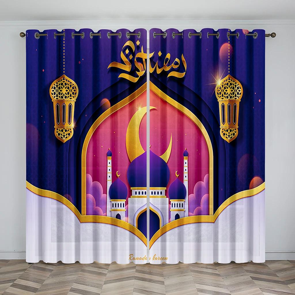 Cheap Gold Black Boho Ramadan Lslamic Muslim Kareem Thin Window Curtain for Living Room Bedroom Decor 2 Pieces Free Shipping