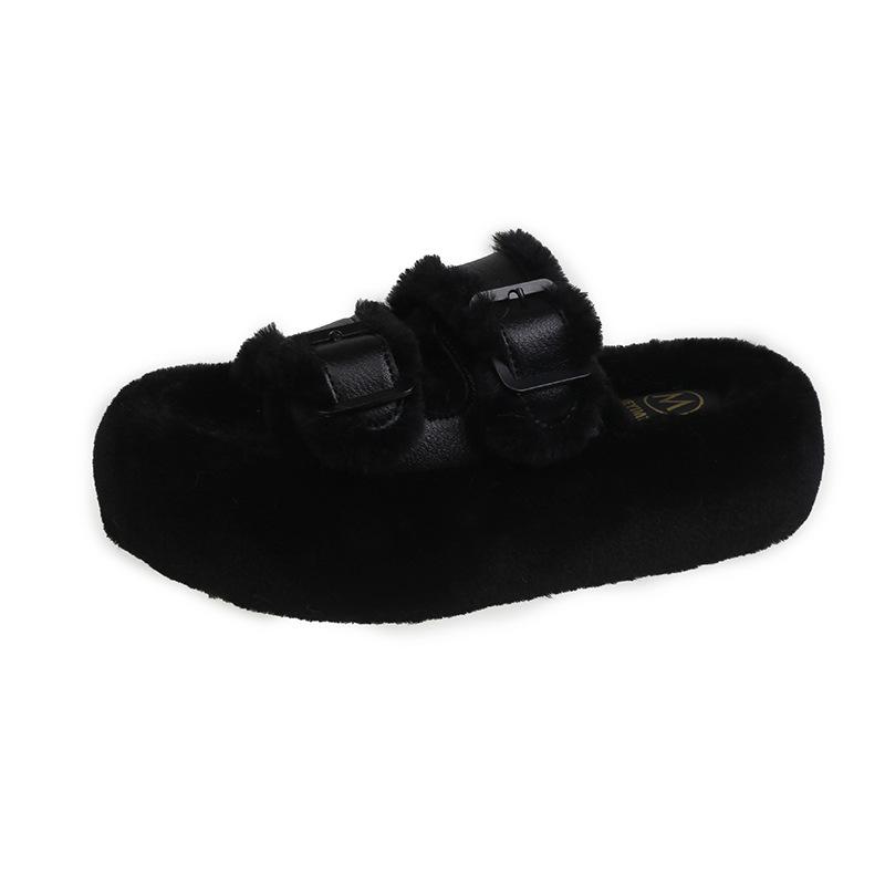 

Thick-soled fluffy slippers for women to wear 2024 new winter fashion belt buckle plush cotton mop fluffy shoes 35 чёрный