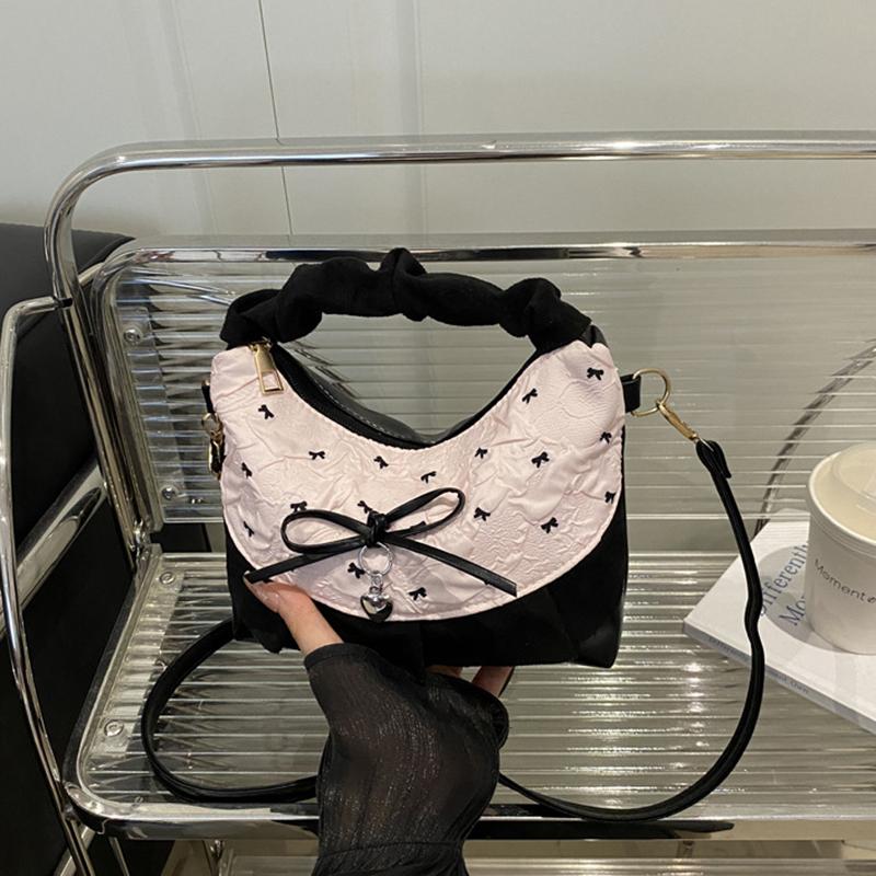 New Lace Plaid Patchwork Handbag French Bow Underarm Bag Small Versatile Cute Sweet Canvas Shoulder Bag Fashion Crossbody Bag