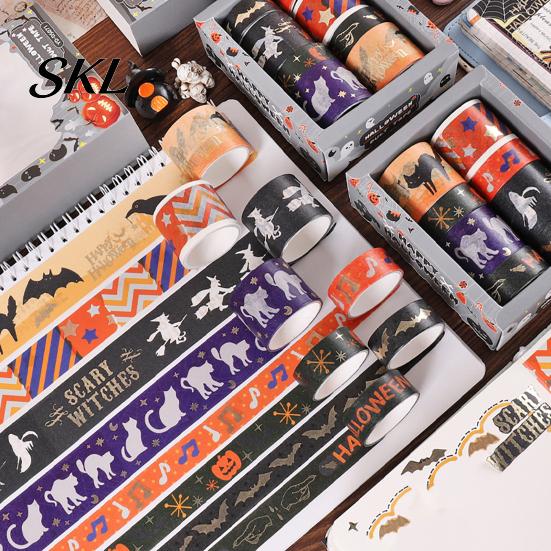 Thin Layering Washi Tape 8 Rolls Halloween Tape, Spooky Bat Witch Cat Pattern Decorative Lightweight for Junk Journaling Supplies, Scrapbooking,