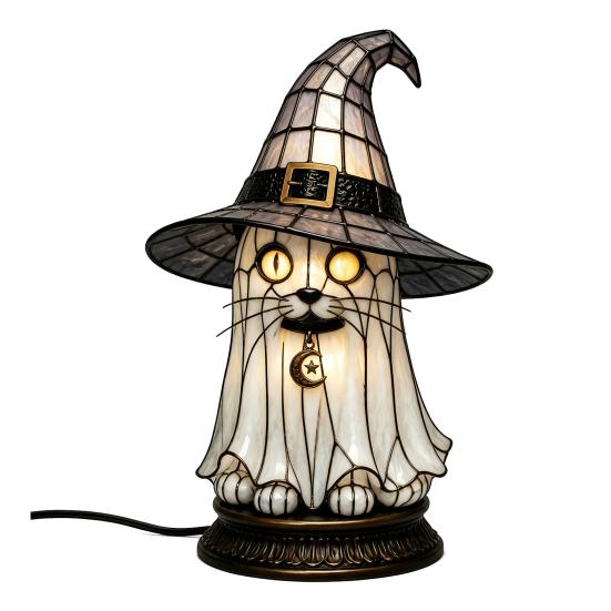 Atmosphere Lighting for Bedroom Black Cat Witch Hat Table Lamp, with Dreamy Purple Light, Dark Aesthetic Gothic Ornament Retro Halloween Ornament,