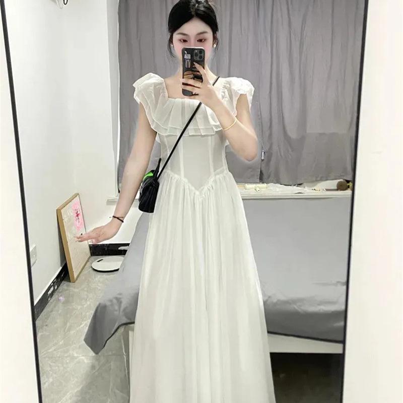 

Sweet White French Ruffle Cap Sleeve Summer Dress with Square Neck and A-line Waist L (Premium) белый