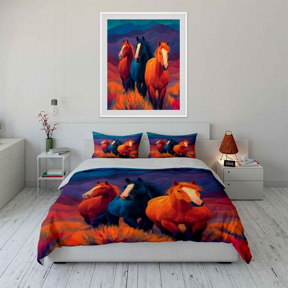 Colorful Horse Art Decoration Trio Bedding Set with 1 Duvet Cover 2 Pillowcases Single Double King Queen, Gift