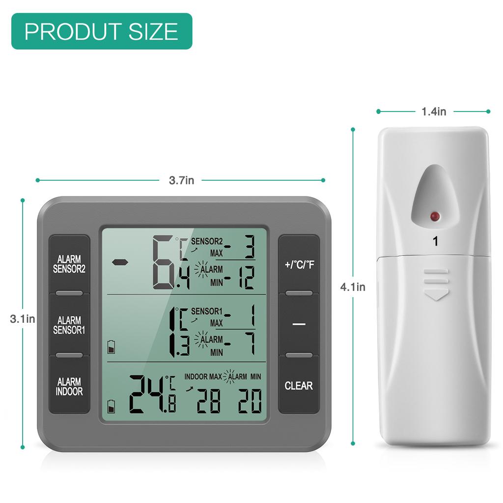 ORIA Fridge Thermometer Digital Freezer Thermometer with 2 Sensors Refrigerator Therm Wireless Indoor Thermometer for Home