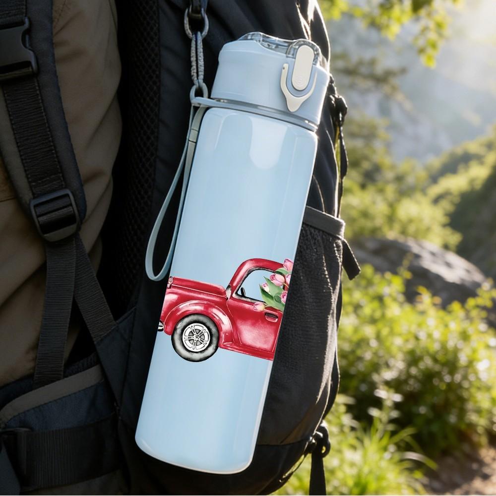 1PC Red Pickup Truck Vintage Retro Pattern 750ml Color Plastic Sports Water Bottle Leakproof Flip Straw Lid Suitable for Sports Office Home Use