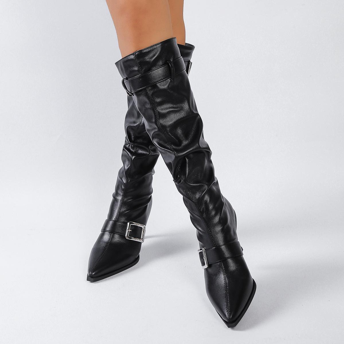 

Fashion Fashion Metal Buckle Decor Long Boots for Women Solid Color Pointed Toe Autumn Knee High Boots Sexy Thin High Heel Party Shoes 35 чёрный
