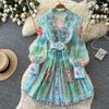 Damen Blumen A-Linie Bedrucktes Kleid Sommer Langarm Bindegürtel Schlankmachend Elegant Kurz