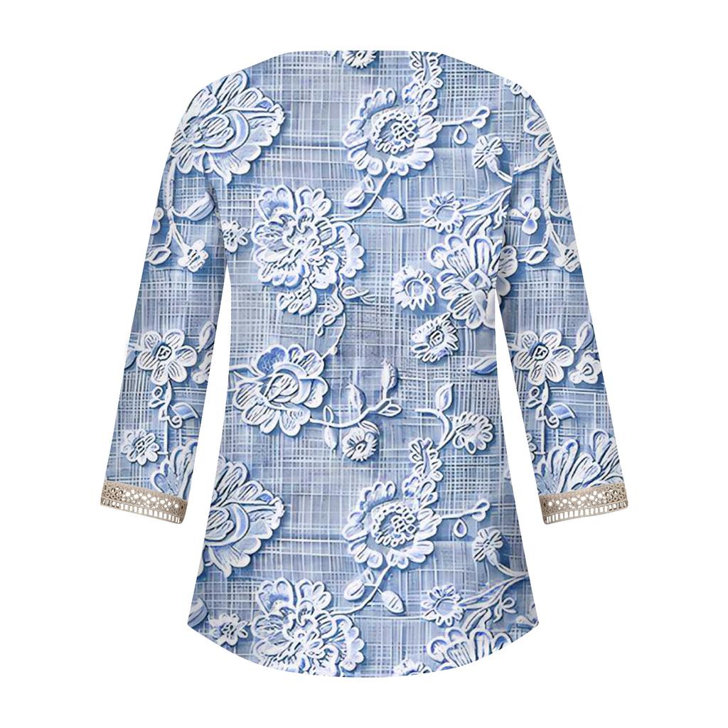Women's Shirt Blouse Casual Loose Shirts 3/4 Sleeve Lace Trims Print V Neck Tops Print Tops T-shirts Tee