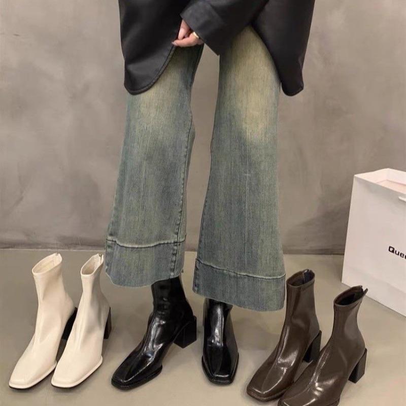 Fashion Platform Boots Women Square Heel Femmes Bottes Solid Fashion Slip On Elastic Ladies Shoes Short Plush Women's Ankle Boots Winter