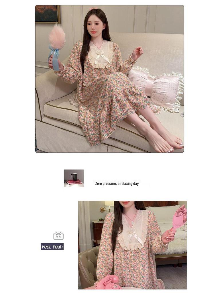 Retro-Blumen-Baumwoll-Nachthemd mit langen Ärmeln & Brustpolstern, Übergröße 220 Jin - Bequem für Frühling & Herbst