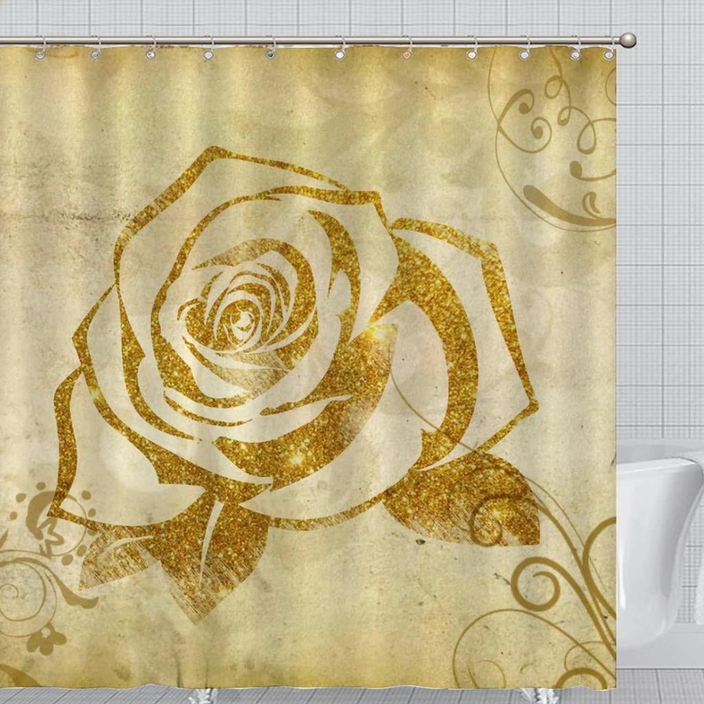 Purple Rose Shower Curtain Retro Floral Shower Curtains Waterproof Gold Classical Chic Elegant Flowers Vintage Bathroom Curtains