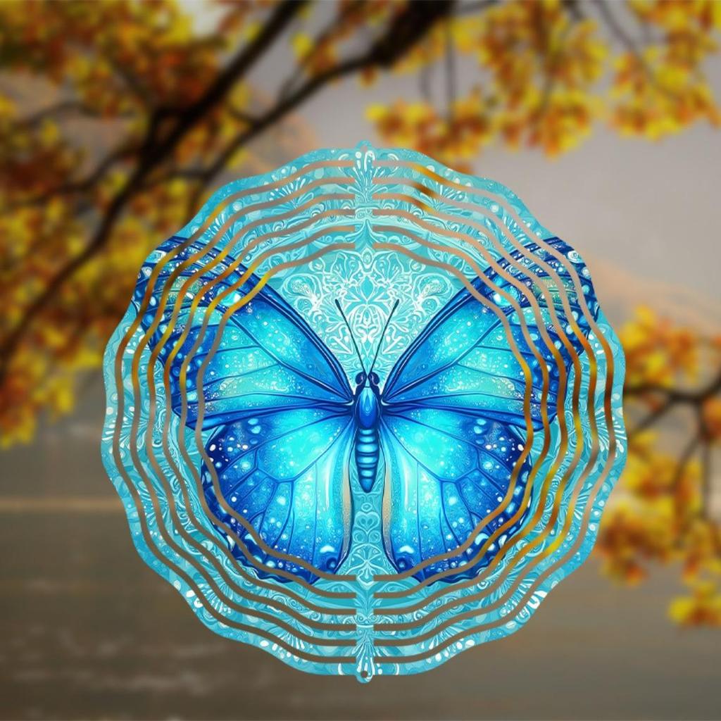 10 Inch Metal Wind Chime with 360 Degree Rotating Blue Butterflies for Patio Balcony Garden Decoration No Electricity Needed