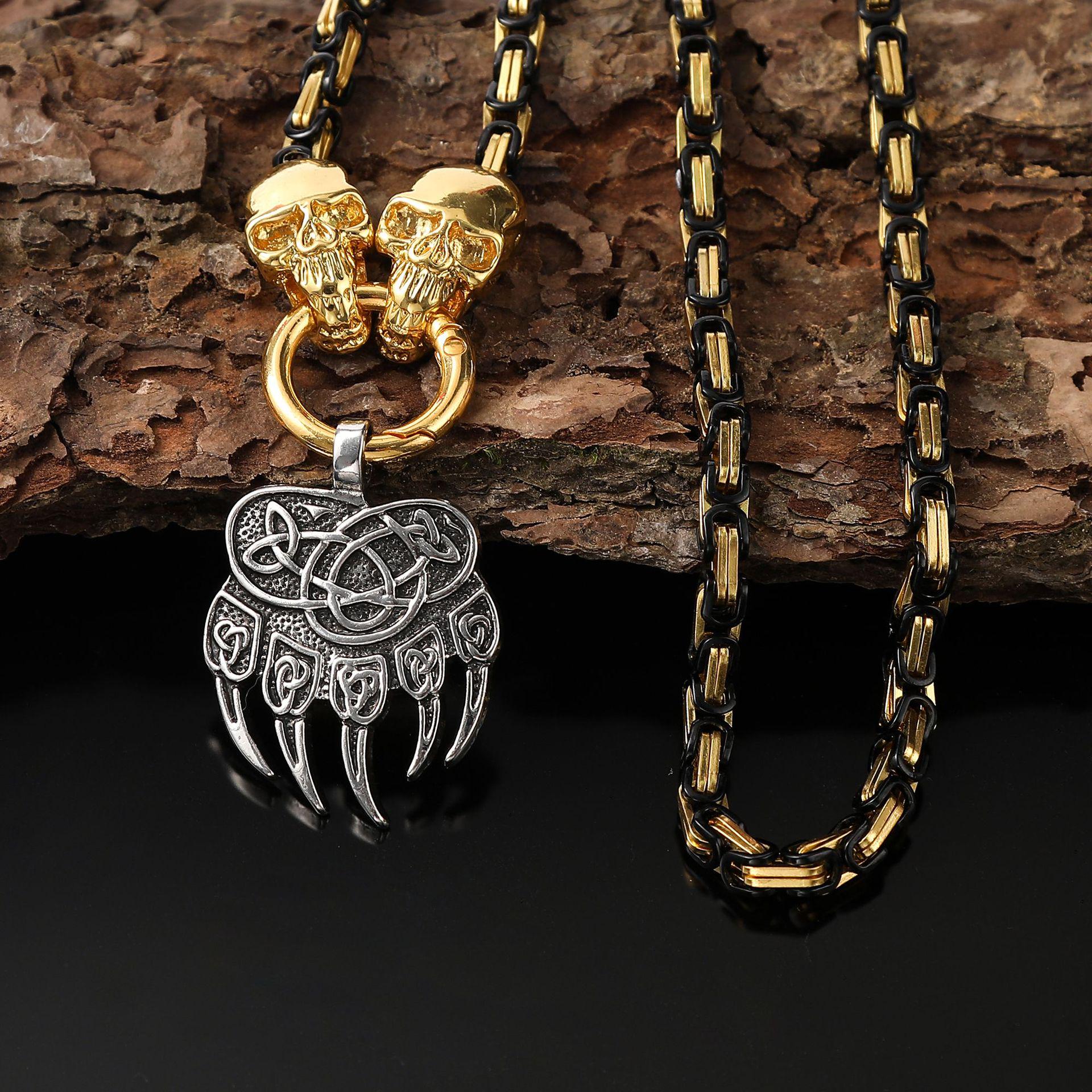 Viking Retro Warrior Pendant Necklace with Skull, Bear Claw, and Wolf Face Motifs on a King Chain 60 cm