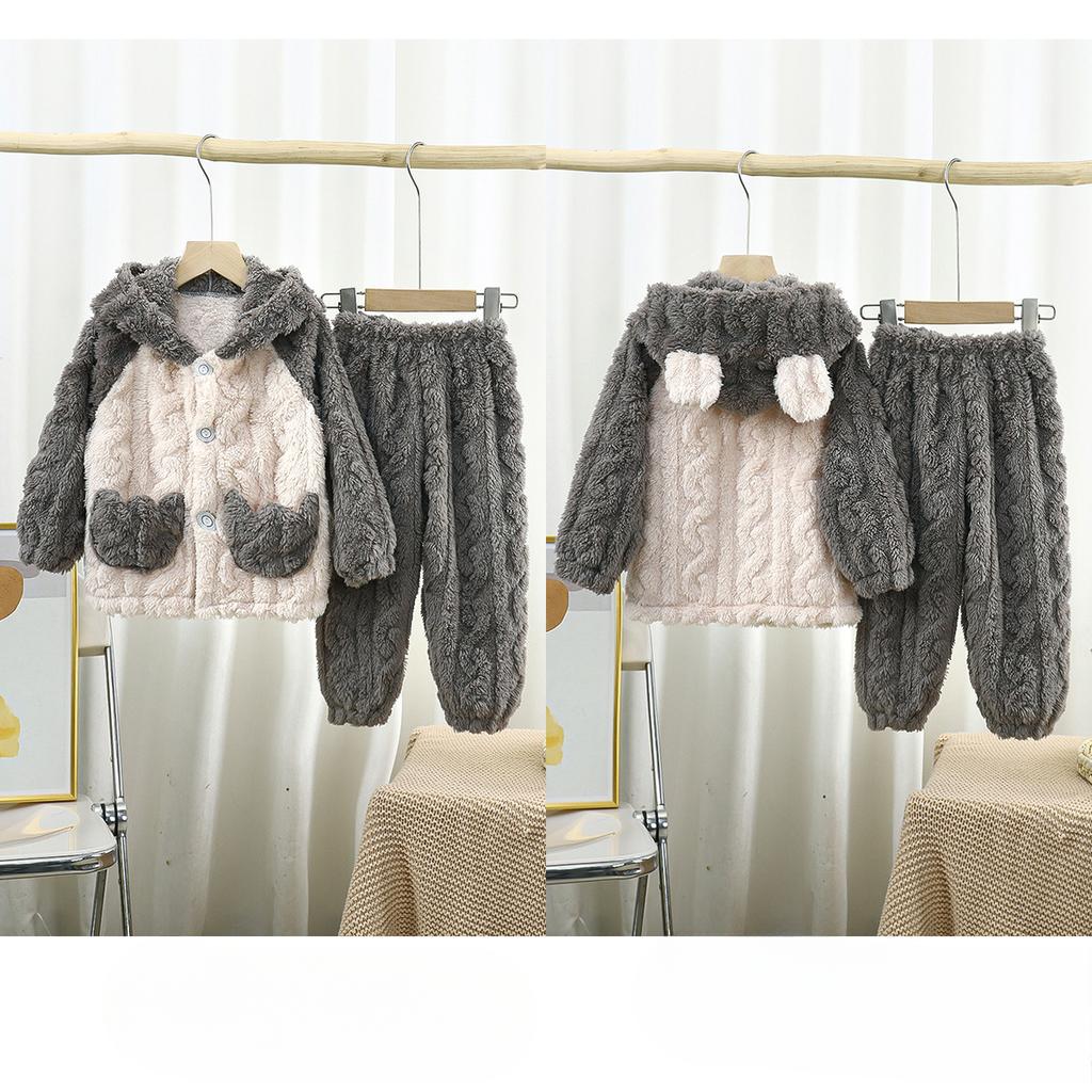 Flanell Kinderpyjama Herbst und Winter Verdickt Jacquard Kapuzen Langarm Hose Große Kinder Cartoon Hausanzug mit Taschen