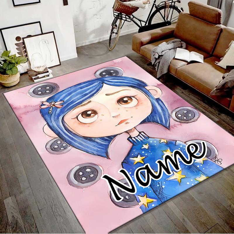 Custom Coraline Mat Personalized Name, Polyester Washable Indoor Entryway Rug, Gift for Christmas, Easter, Thanksgiving Day