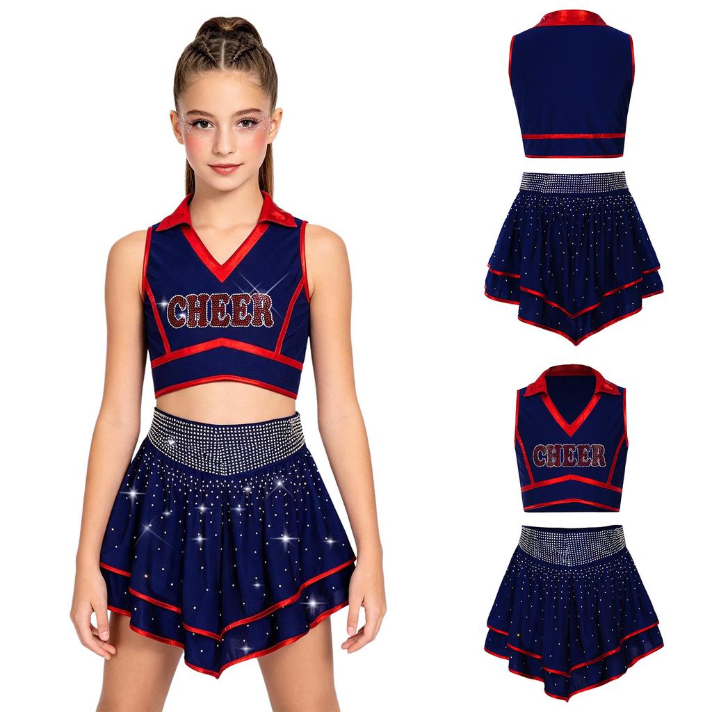 Crop Top Métallique Strassé pour Cheerleading avec Jupe Asymétrique et Short Intégré pour Compétition d'Équipe de Danse Filles