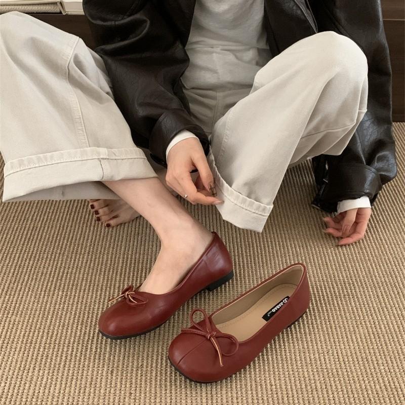 Retro soft-soled ladyshoes bow shallow mouth square head flat-soled single shoes women's shoes 2025 spring new ballet shoes