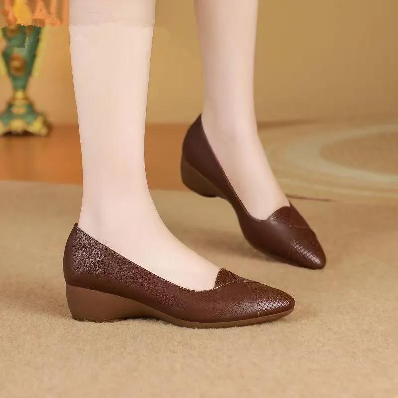  Zapatos De Mujer Women Casual Pointed Toe Black Soft Leather Spring Slip On Wedge Heel Shoes Lady Brown Pumps Ab620