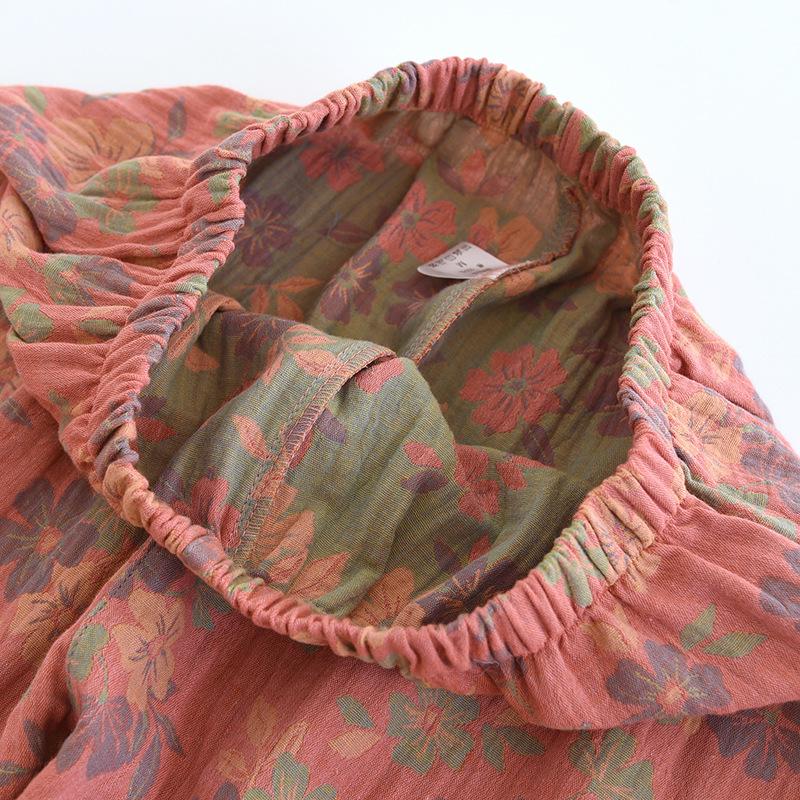 New 2024 Women's Floral Cotton Pajamas Set - Long-Sleeve, Turn-Down Collar, Double-Layer Gauze for Spring and Autumn.