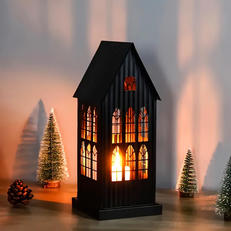 1PC Black White Home Candlestickers Halloween Metal Christmas House Shape Candle Holder Weddings With Gothic Windows Outdoor