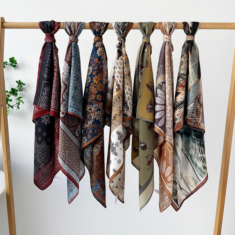 Retro Flower Silk Scarf Autumn and Winter Temperament Elegant Scarf Herringbone Silk Scarf Double-sided Literary Square Scarf Cotton and Linen Square